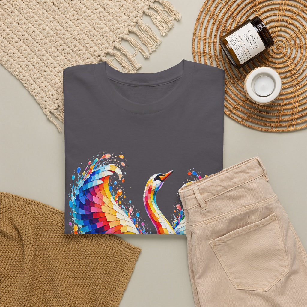 Mosaic Glass Colorful Swan Art T-Shirt — Vibrant Watercolor Bird Graphic Tee