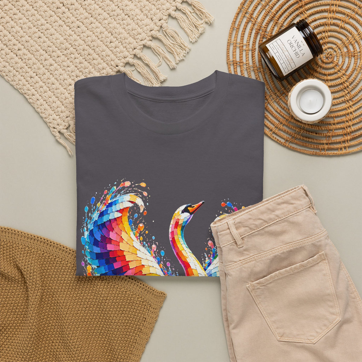 Mosaic Glass Colorful Swan Art T-Shirt — Vibrant Watercolor Bird Graphic Tee